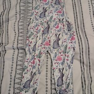 Girls Floral Bunny Print Jumpsuit - White with Pink & Gray